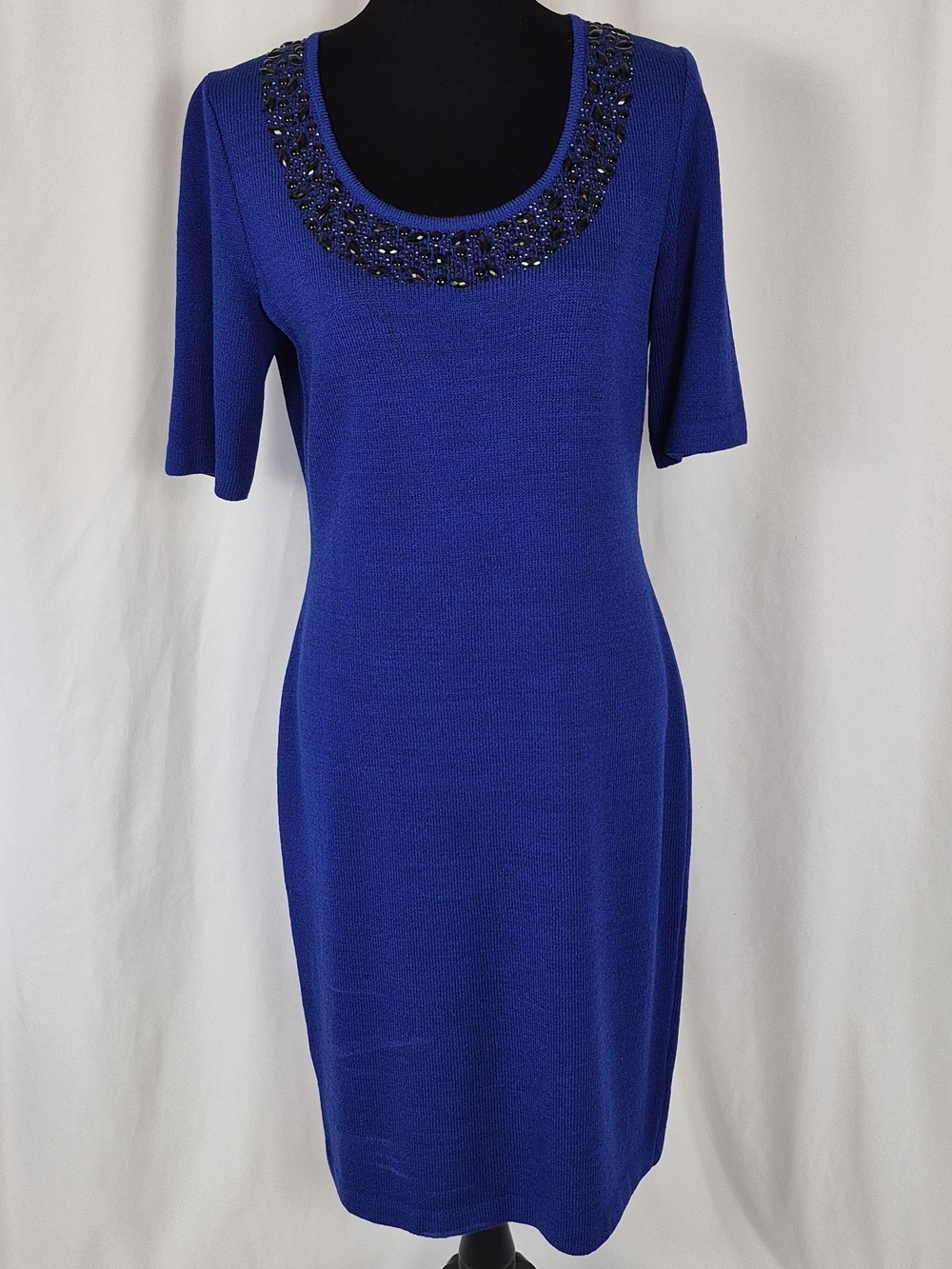 St. Johns Evening Embellished Collar Santana Knit Dress in Royal Blue - Size 6